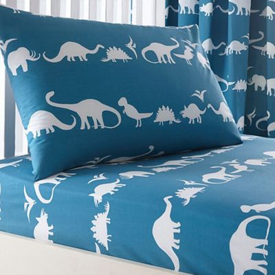 Kids' blue dinosaur print fitted sheet and pillow case set